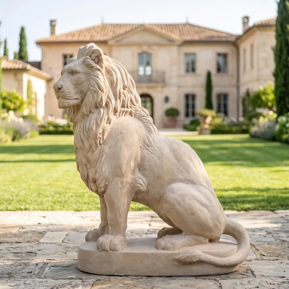 Stately Chateau Lion Sentinel Garden Statue: Left