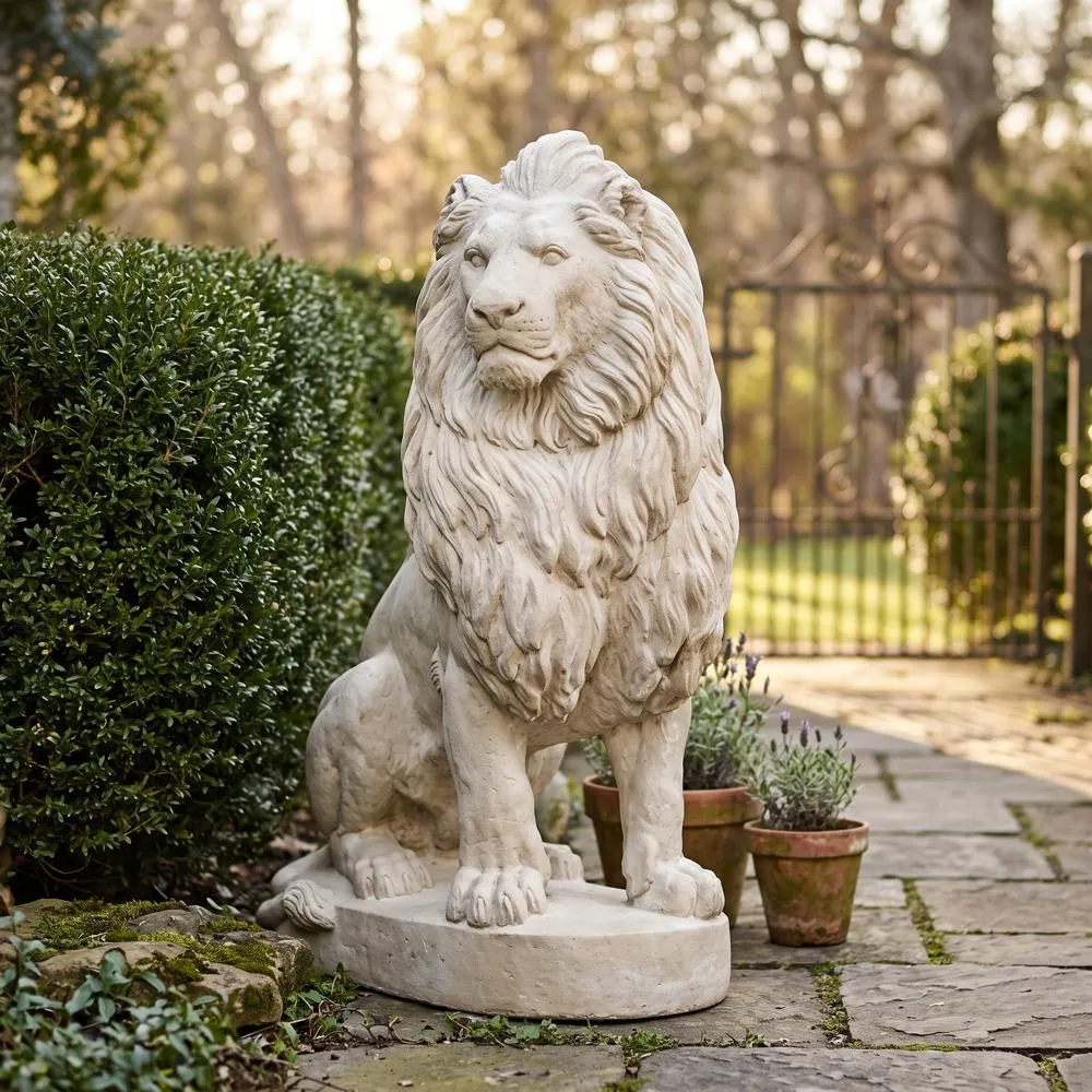 Stately Chateau Lion Sentinel Garden Statue: Left