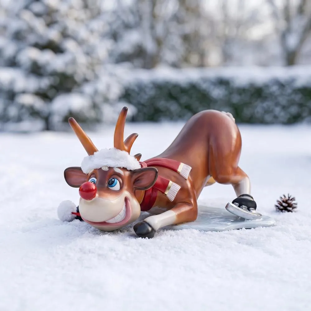 Slip-Slider Santa's Red-Nosed Christmas Reindeer Statue