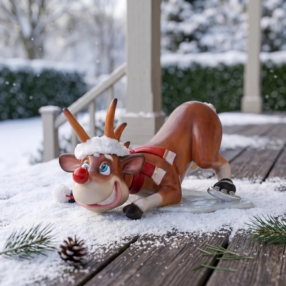 Slip-Slider Santa's Red-Nosed Christmas Reindeer Statue