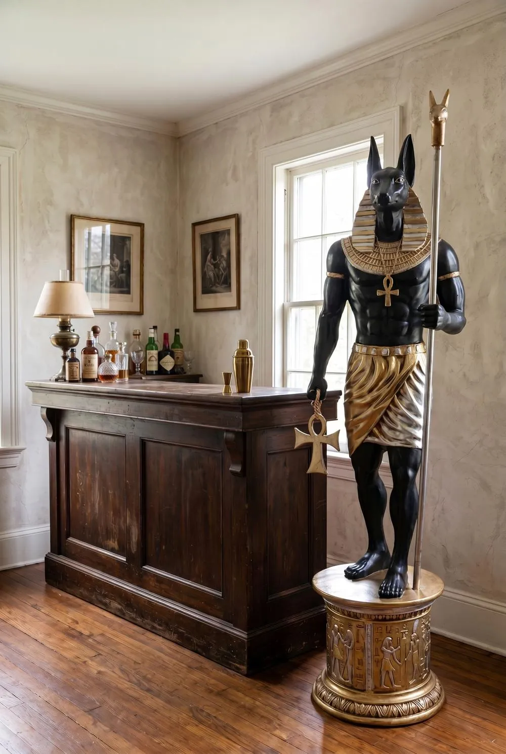 The Egyptian Grand Ruler Collection: Life-Size Anubis Statue atop a Temple Column Mount