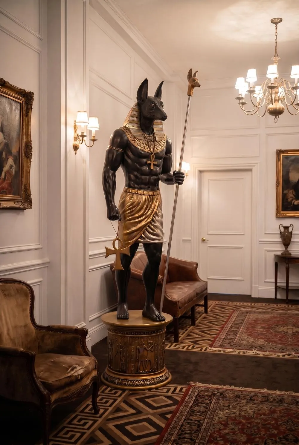 The Egyptian Grand Ruler Collection: Life-Size Anubis Statue atop a Temple Column Mount