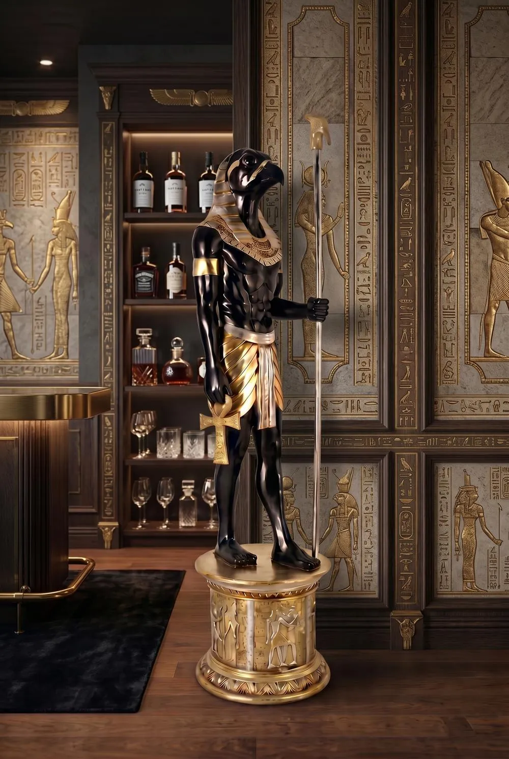 The Egyptian Grand Ruler Collection: Life-Size Horus Statue atop a Temple Column Mount