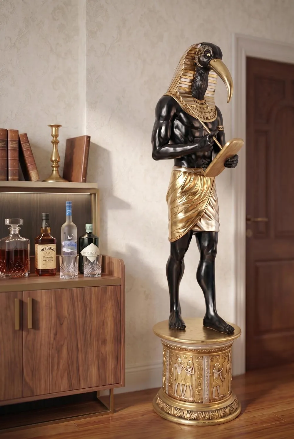 The Egyptian Grand Ruler Collection: Life-Size Thoth Statue atop a Temple Column Mount