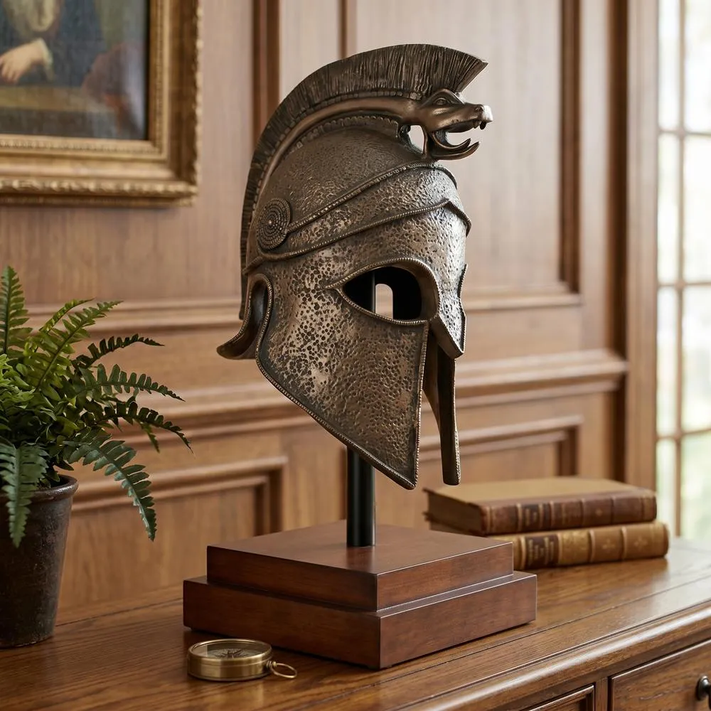 Macedonian Battle Helmet on Museum Mount Statue