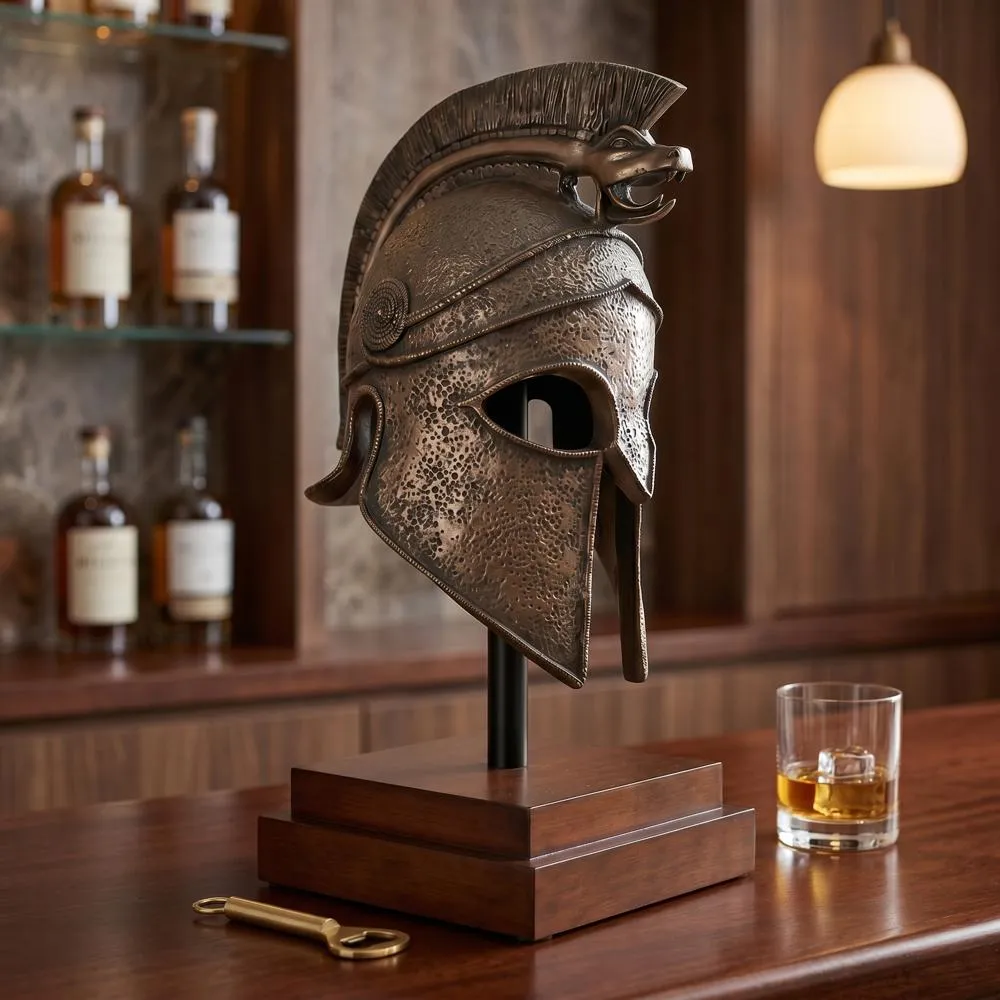 Macedonian Battle Helmet on Museum Mount Statue