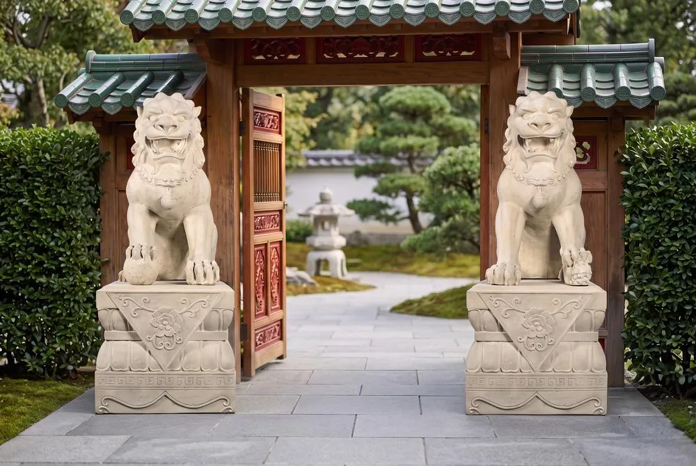Grand Palace Chinese Lion Foo Dog Statues: Set of Male & Female with Bases