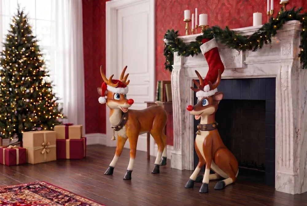 Santa's Christmas Red-Nosed Reindeer Statues: Set of Two Large
