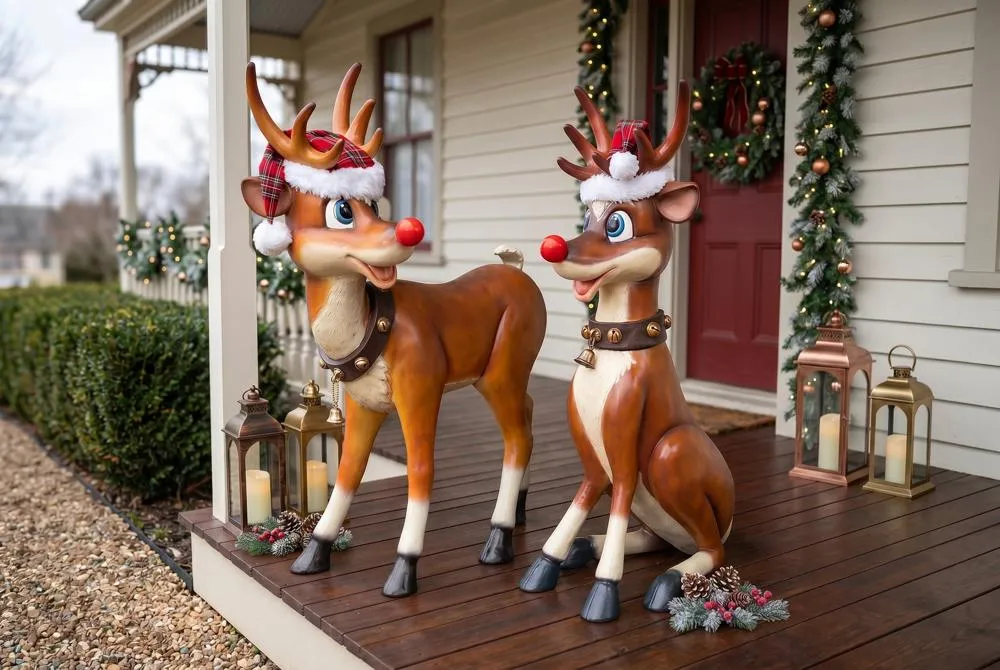 Santa's Christmas Red-Nosed Reindeer Statues: Set of Two Large