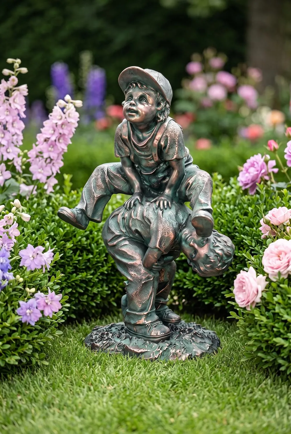 Leap Froggin Playing Boys Garden Statue