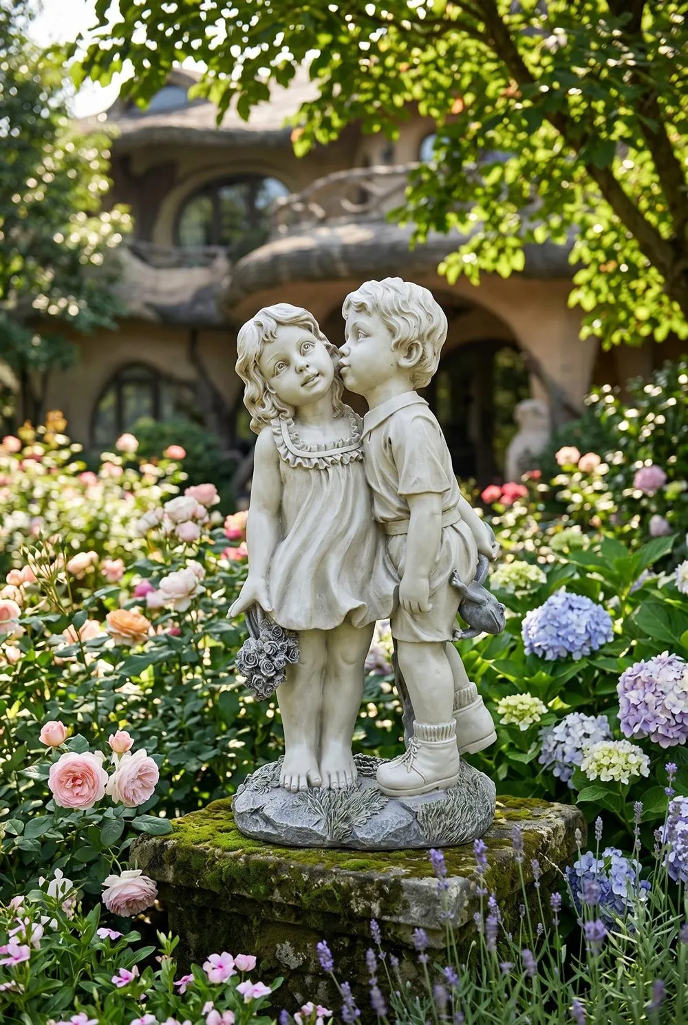 Young Sweethearts: Kissing Children Garden Statue