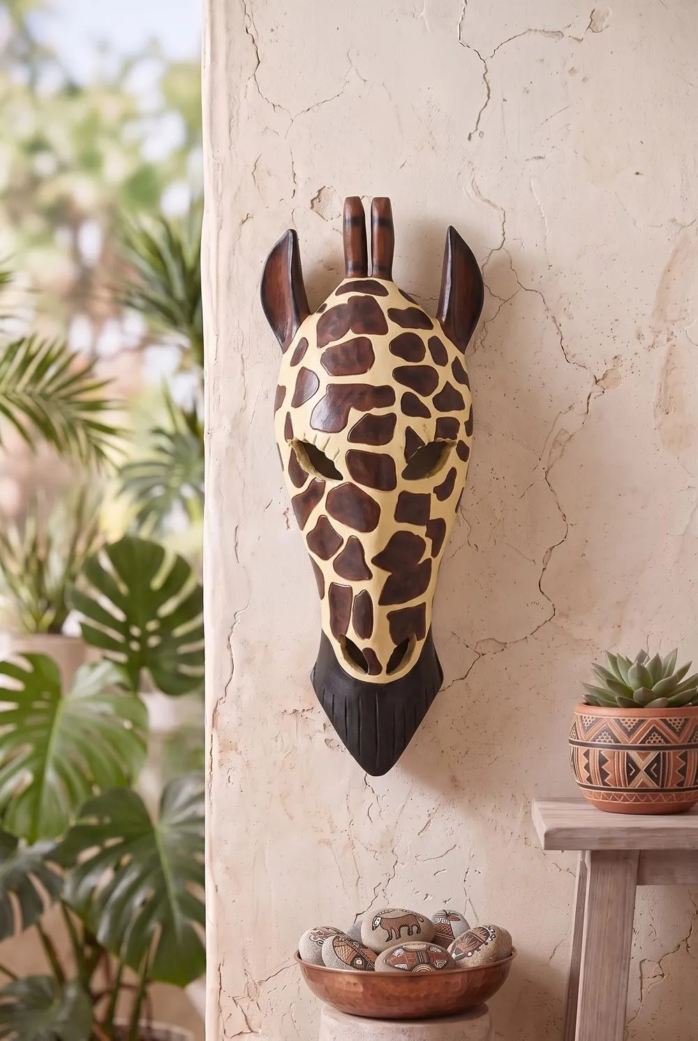 Tribal-Style Animal Mask Wall Sculpture: Giraffe