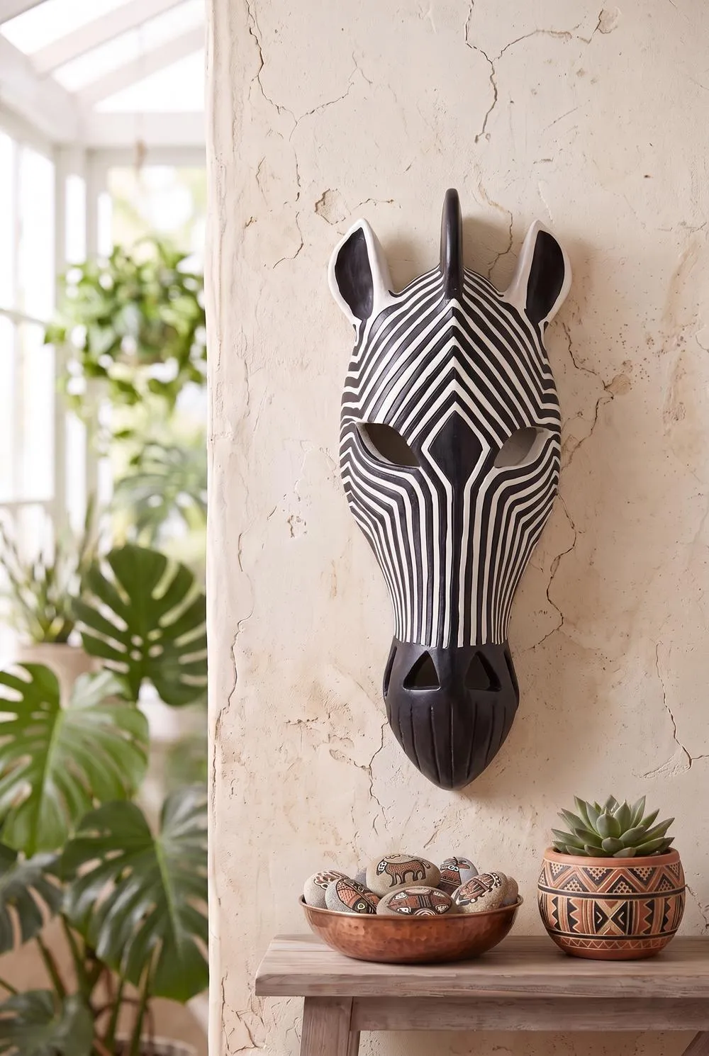 Tribal-Style Animal Mask Wall Sculpture: Zebra