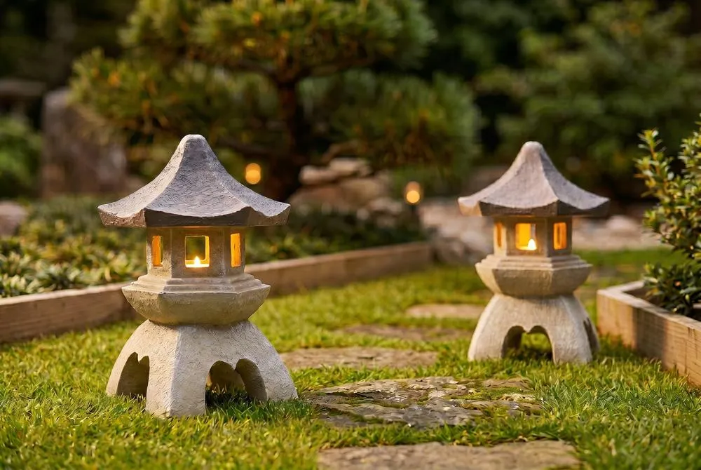 Asian Temple Pagoda Lantern Statue: Set of Two Medium