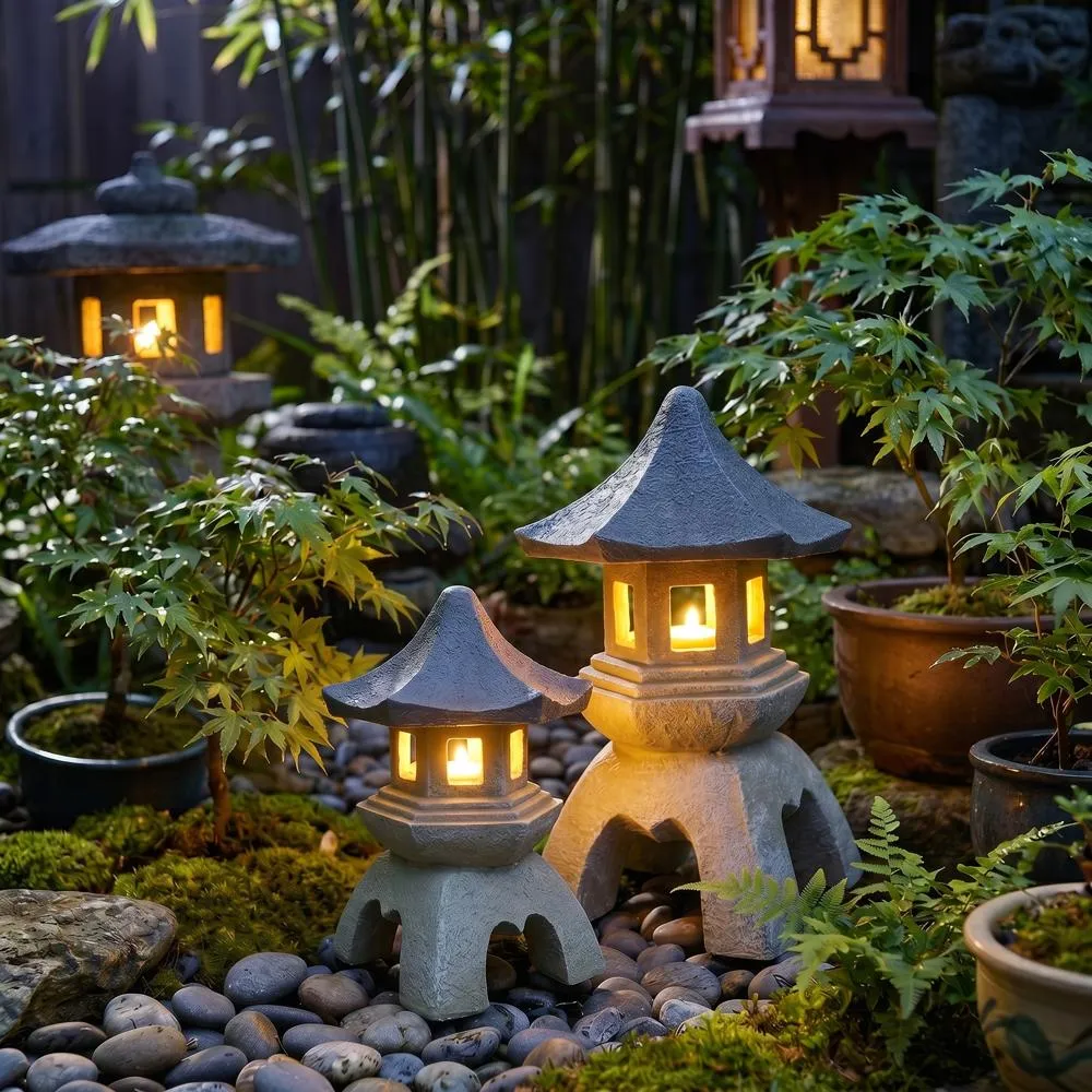 Asian Temple Pagoda Lantern Statue: Set of Medium and Large