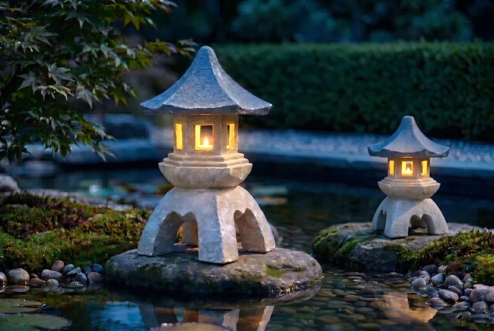 Asian Temple Pagoda Lantern Statue: Set of Medium and Large