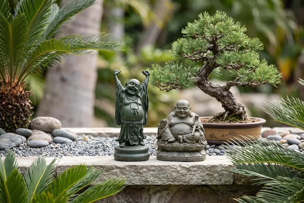 Jolly Hotei and Laughing Buddha Sanctuary Statue Set