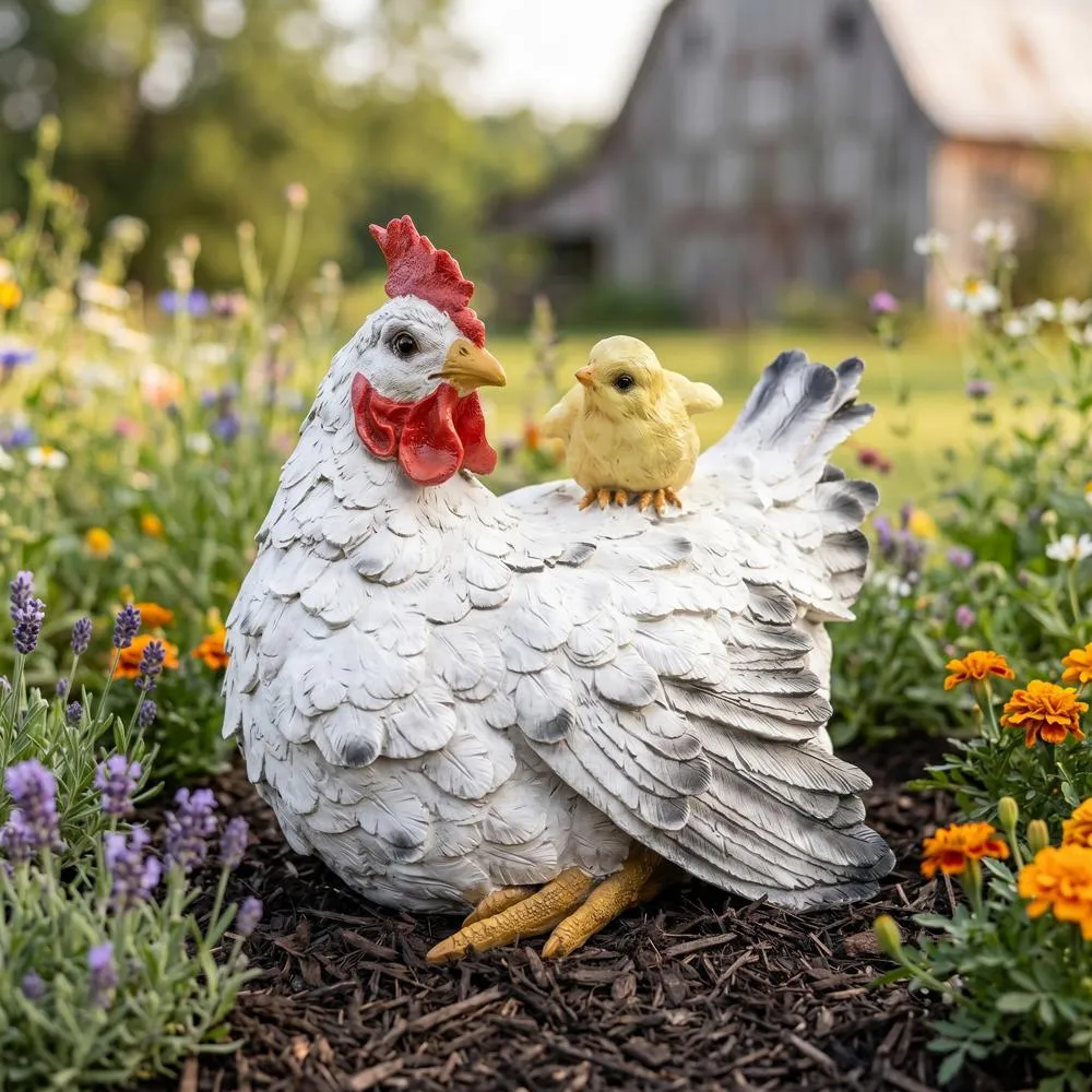 Barnyard Mother Hen and Baby Chick Statue