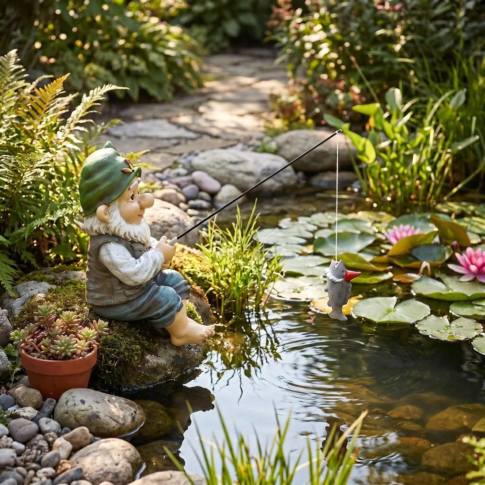 Ziggy the Fishing Gnome Garden Sitter Statue
