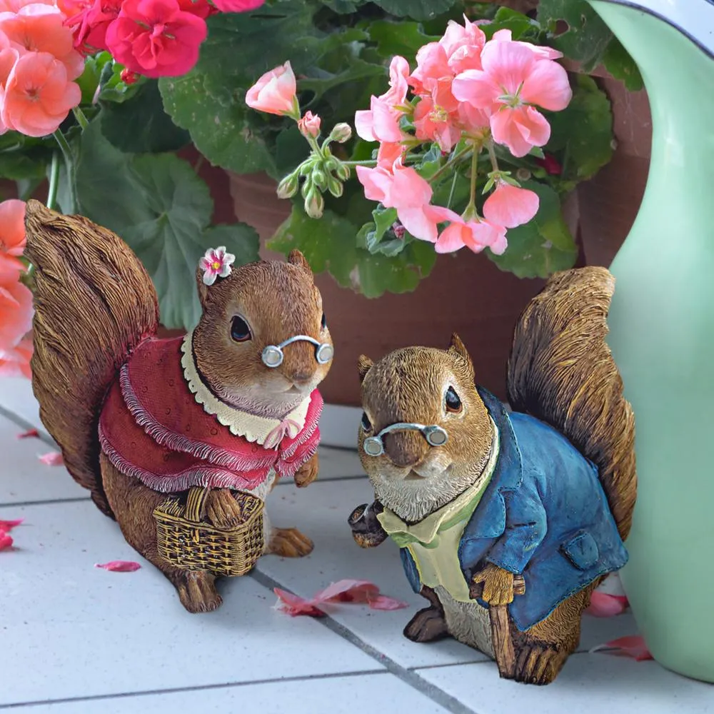 Grandmother and Grandfather Squirrel Garden Statues: Set of Two