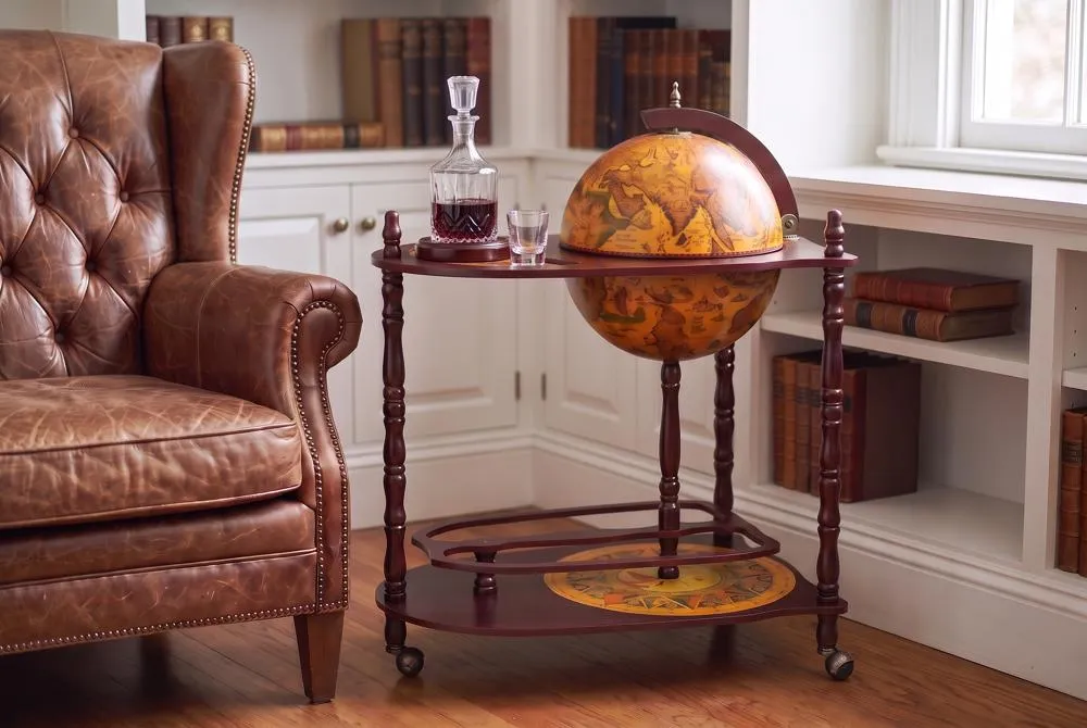 Old World Extended Shelf Italian Replica Globe Bar Cart