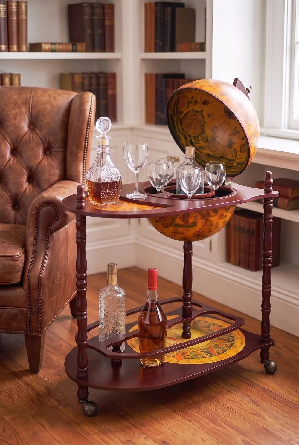 Old World Extended Shelf Italian Replica Globe Bar Cart