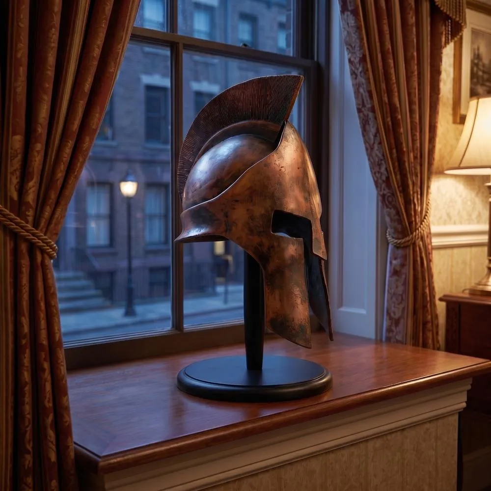 Greek Spartan Helmet Statue on Museum Mount