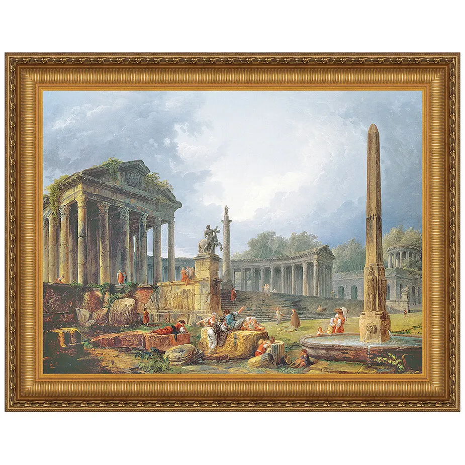 Architectural Capriccio with Obelisk Framed Canvas Replica Painting: Grande