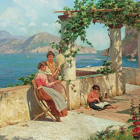 Figures on a Terrace in Capri Framed Canvas Replica Painting: Small
