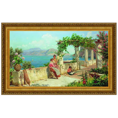 Figures on a Terrace in Capri Framed Canvas Replica Painting: Large