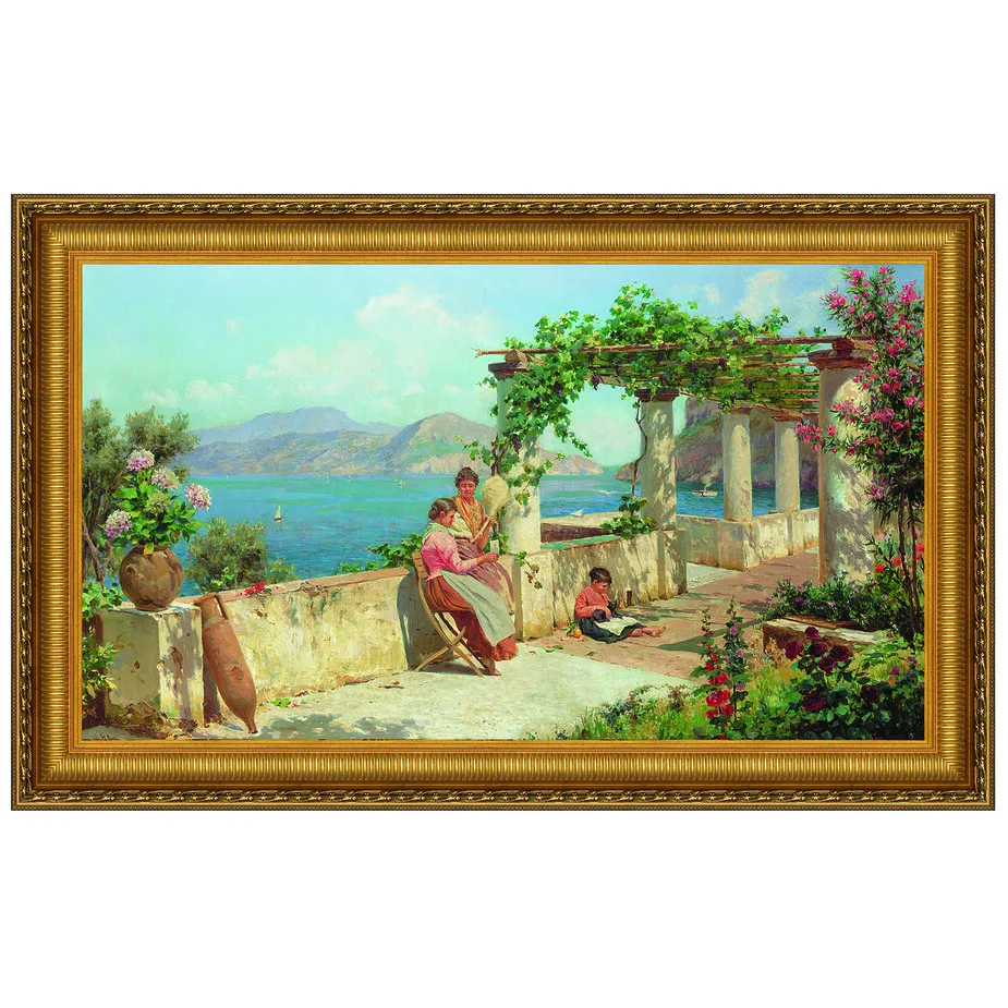 Figures on a Terrace in Capri Framed Canvas Replica Painting: Large