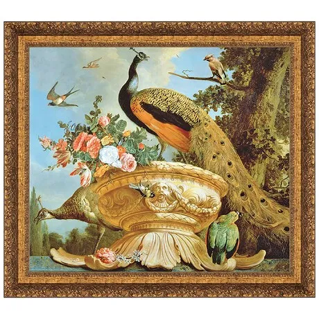 A Peacock on a Decorative Urn Framed Canvas Replica Painting: Small