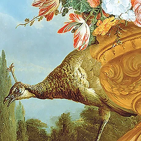 A Peacock on a Decorative Urn Framed Canvas Replica Painting: Medium