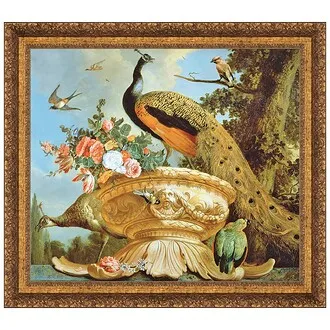 A Peacock on a Decorative Urn Framed Canvas Replica Painting: Large