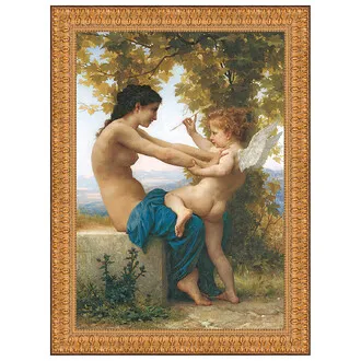 Young Girl Defending Herself Against Eros Framed Canvas Replica Painting: Medium