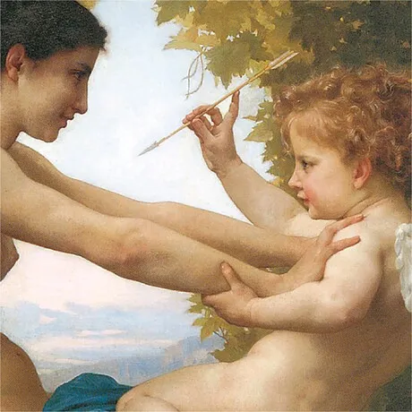 Young Girl Defending Herself Against Eros Framed Canvas Replica Painting: Grande