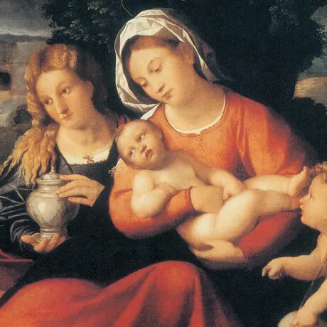 Holy Family with Saint John and Mary Magdalene Framed Canvas Replica Painting: Grande