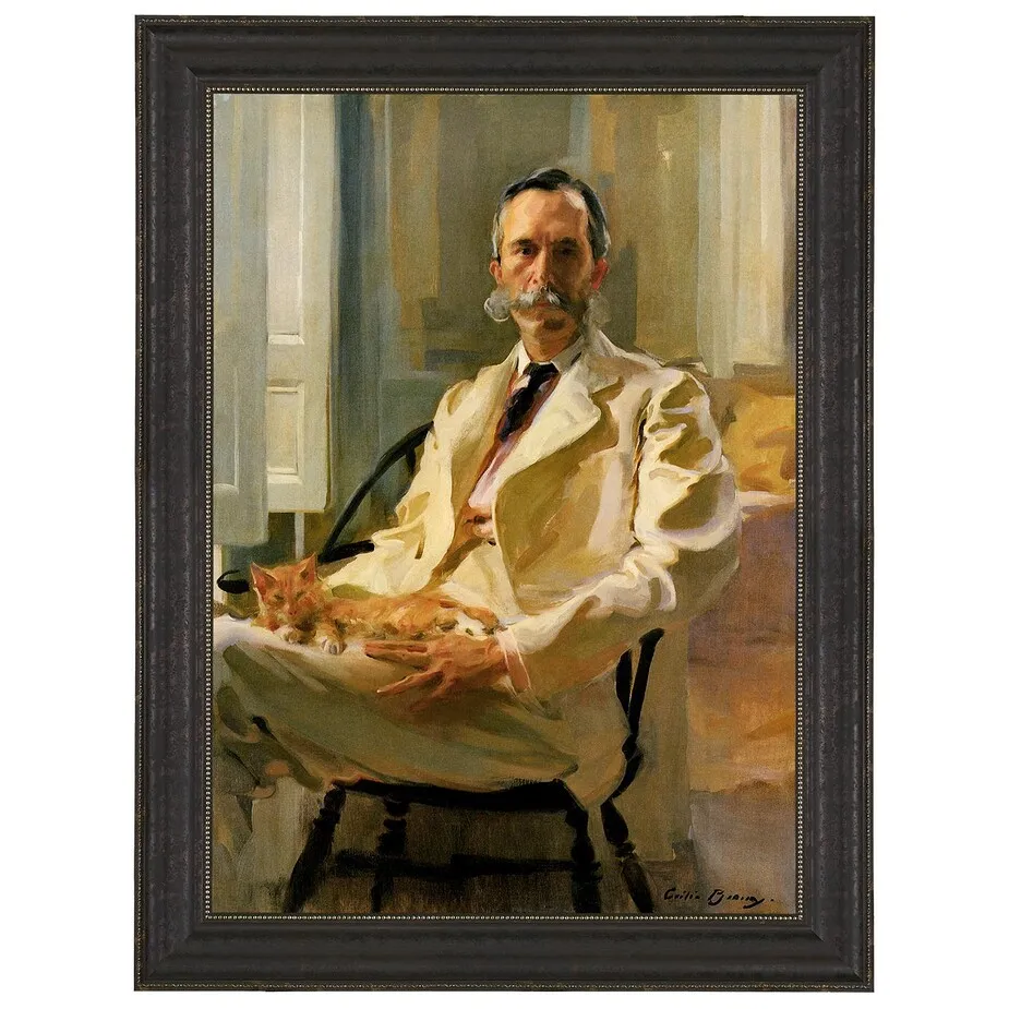 Man with Cat Framed Canvas Replica Painting: Small