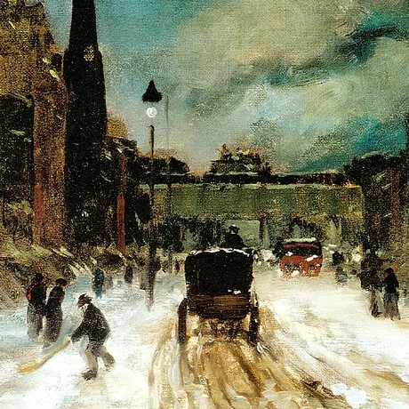Street Scene with Snow Framed Canvas Replica Painting: Large