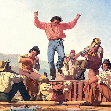 Jolly Flatboatmen in Port Framed Canvas Replica Painting: Grande