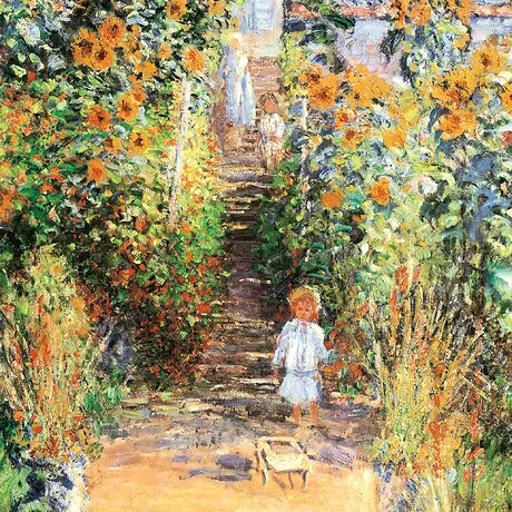 Artist's Garden at Vetheuil Framed Canvas Replica Painting: Grande