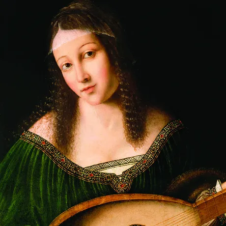 Lady Playing a Lute Framed Canvas Replica Painting: Medium