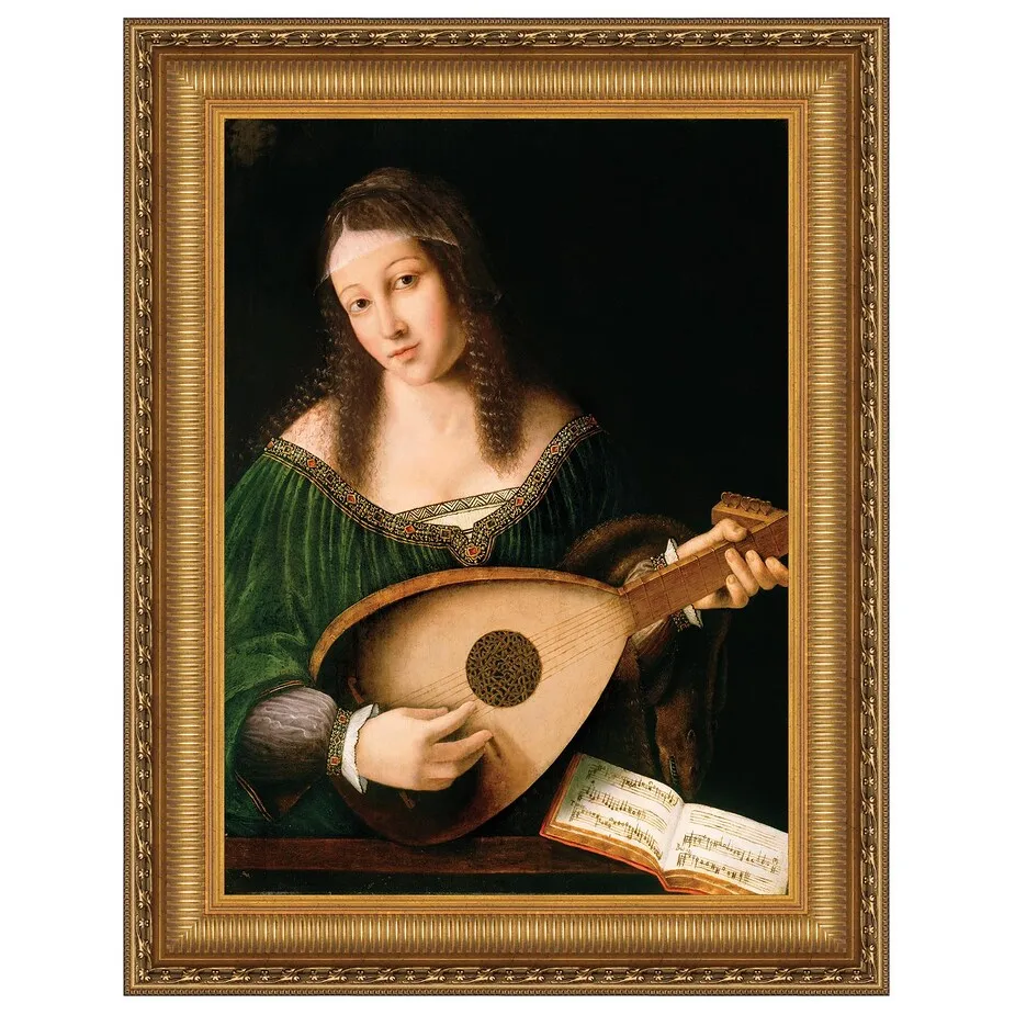 Lady Playing a Lute Framed Canvas Replica Painting: Large