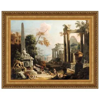 Landscape with Classical Ruins and Figures Framed Canvas Replica Painting: Large