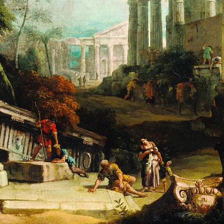 Landscape with Classical Ruins and Figures Framed Canvas Replica Painting: Grande