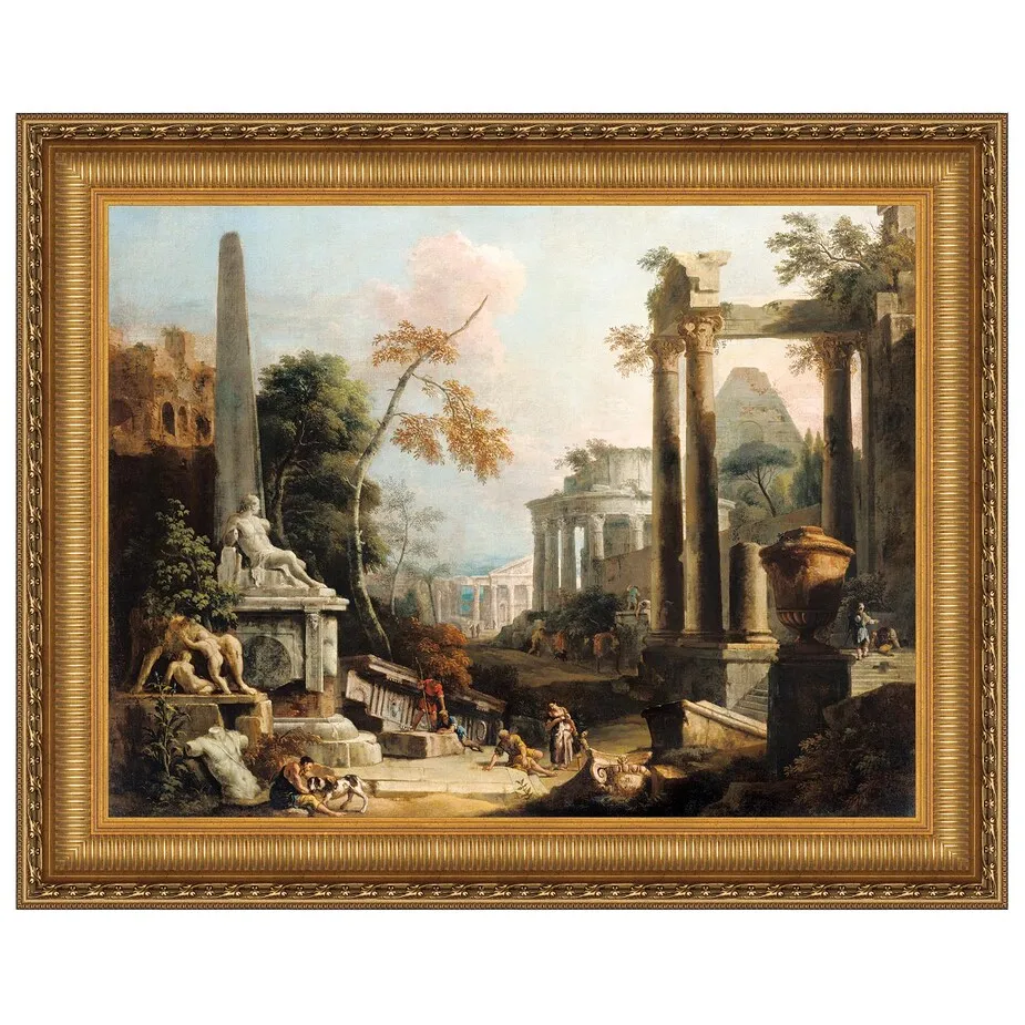 Landscape with Classical Ruins and Figures Framed Canvas Replica Painting: Grande