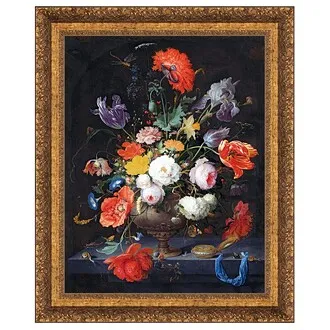 Still Life with Flowers and a Watch Framed Canvas Replica Painting: Small