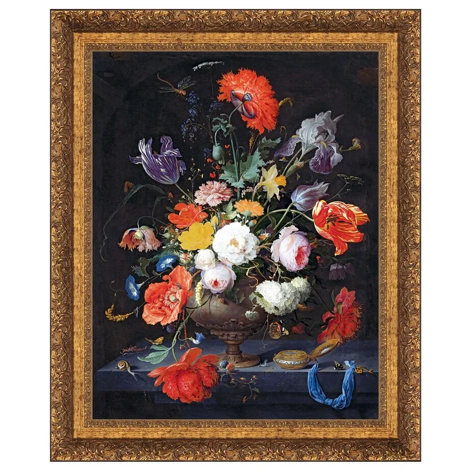 Still Life with Flowers and a Watch Framed Canvas Replica Painting: Large