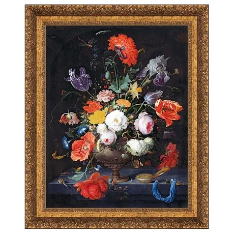 Still Life with Flowers and a Watch Framed Canvas Replica Painting: Grande