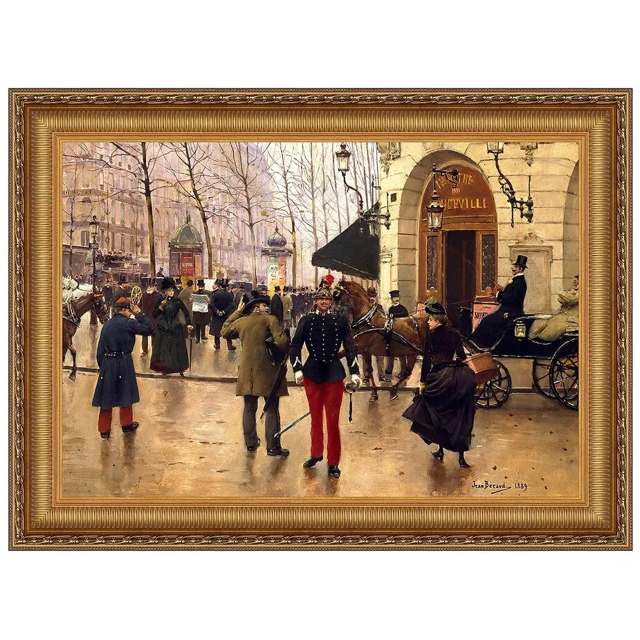 Boulevard des Capucines and Vaudeville Theatre in Paris Framed Canvas Replica Painting: Small